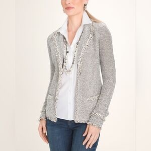 NWT Chico’s Women’s Cream/Black Long Sleeve Fringe Trim Sweater/Blazer Sz 3 (XL)